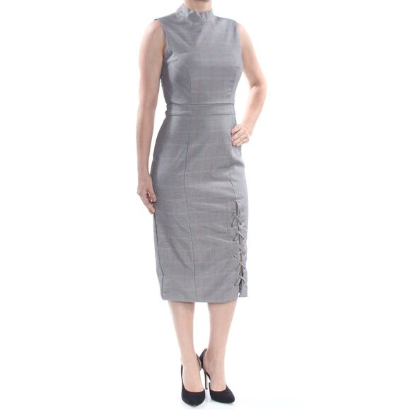 NWT XOXO Womens Gray Mock Neck Plaid Lace Up Midi Wear To Work Dress S - Picture 3 of 4
